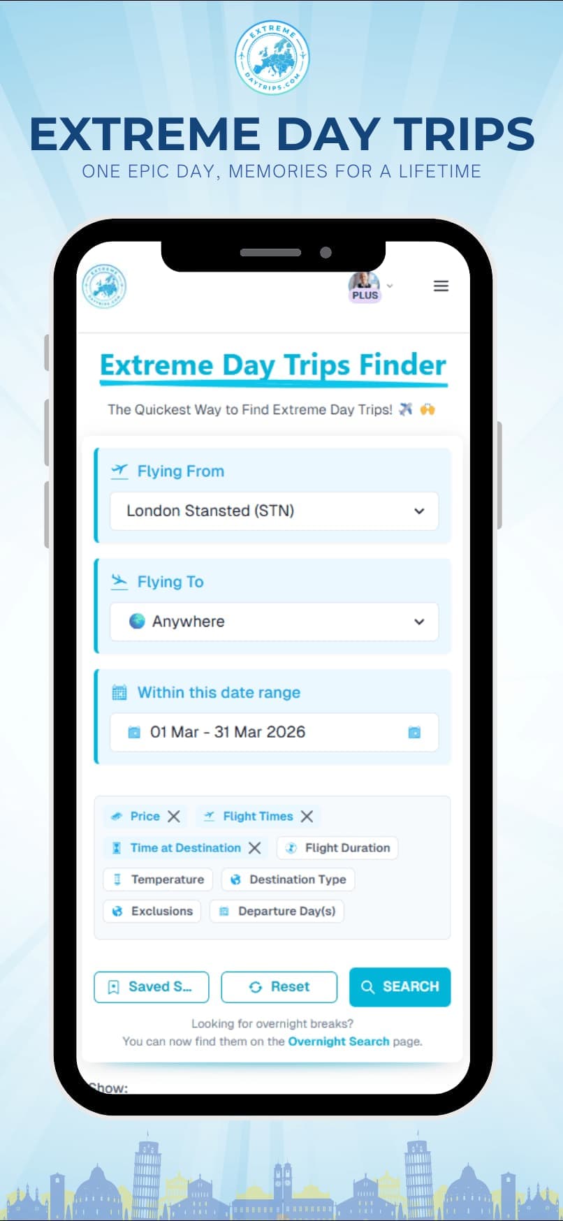 Screenshot of the Extreme Day Trips mobile app search screen
