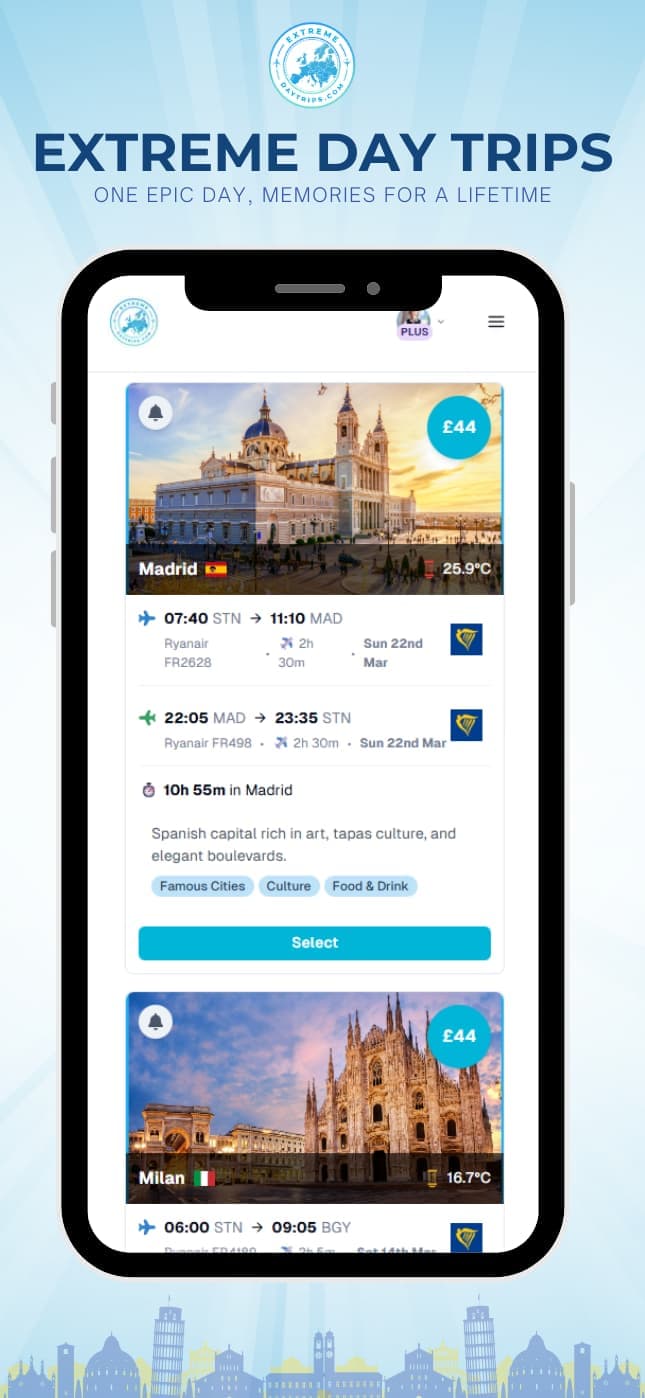 Screenshot of the Extreme Day Trips mobile app flight results screen