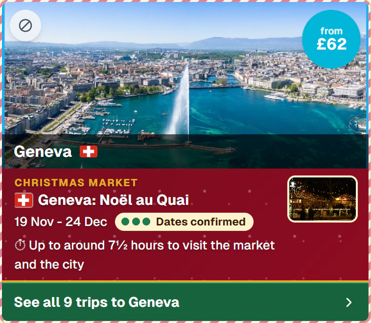 Geneva's Noël au Quai from Birmingham, from £62, dates confirmed, up to around 7½ hours