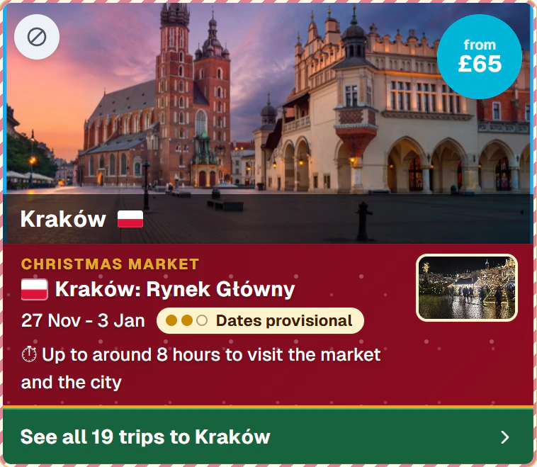 Kraków's Christmas Market from London Luton, from £65, dates provisional, up to around 8 hours