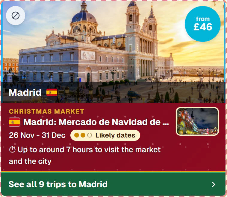 Madrid's Christmas Market from Bristol, from £46, likely dates, up to around 7 hours
