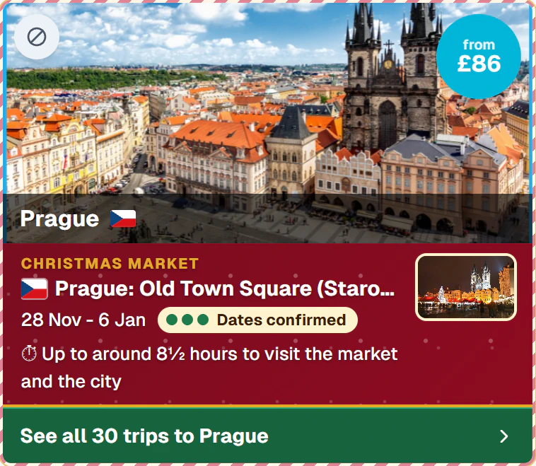 Prague's Old Town Square Christmas Market from London Gatwick, from £86, dates confirmed, up to around 8½ hours