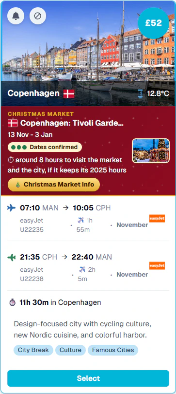 A £52 Extreme Day Trip from Manchester to Copenhagen on a Wednesday in November: Tivoli Gardens, dates confirmed, around 8 hours for the market and the city