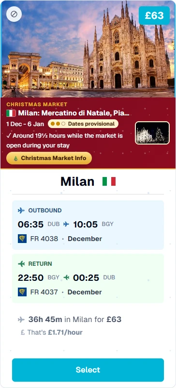 A December overnighter to Milan from Dublin, £63 return: around 19½ hours while the Piazza Duomo Christmas market is open during the stay