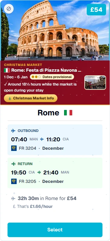 A December overnighter to Rome from Manchester, £54 return: around 18½ hours while the Piazza Navona Christmas market is open during the stay