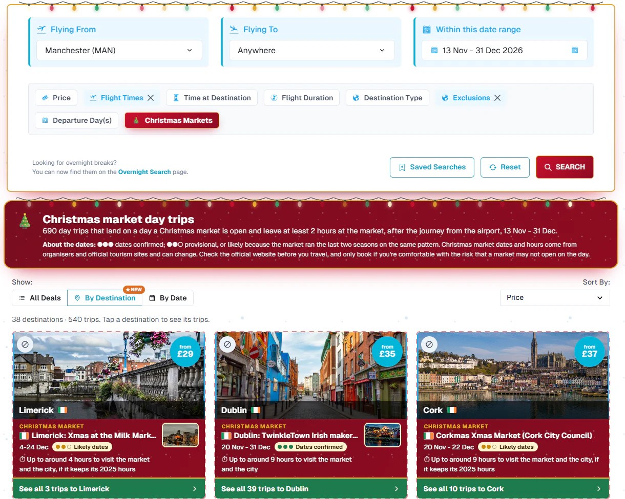 Christmas Markets Mode in the Extreme Day Trips search from Manchester, with a festive market band on every destination