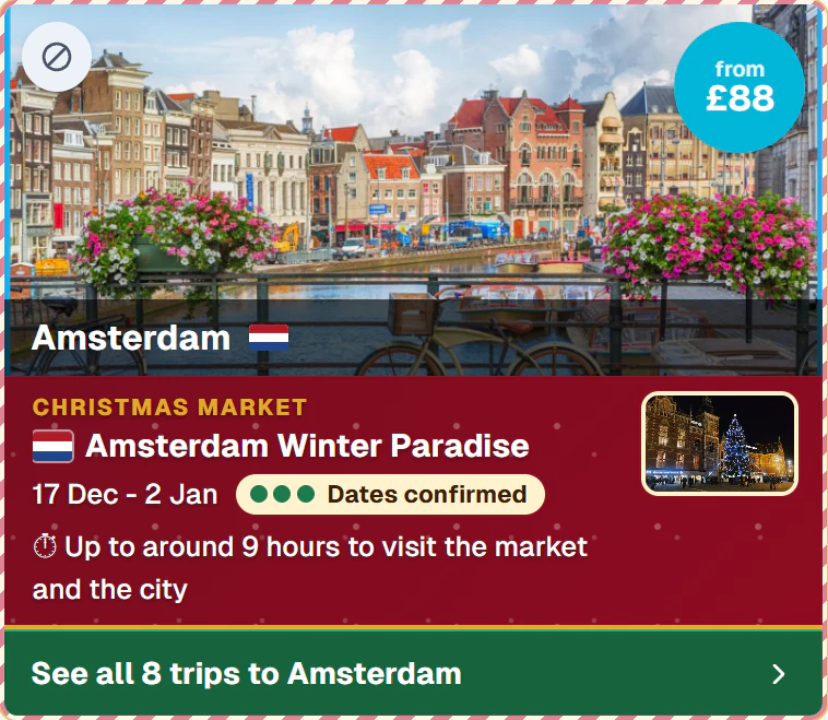 Amsterdam Winter Paradise from Liverpool, from £88, dates confirmed, up to around 9 hours
