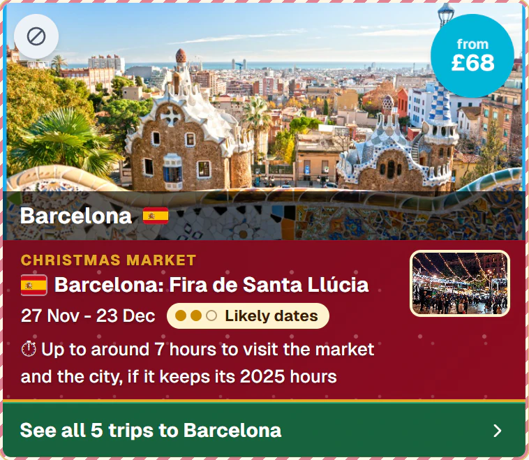 Barcelona's Fira de Santa Llúcia from Birmingham, from £68, likely dates, up to around 7 hours