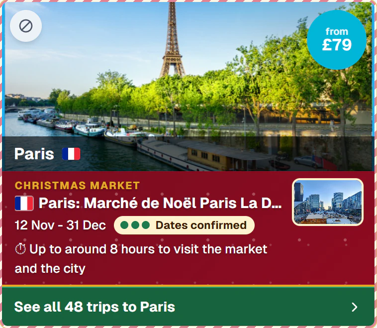 A Paris Christmas Market from Bristol, from £79, dates confirmed, up to around 8 hours