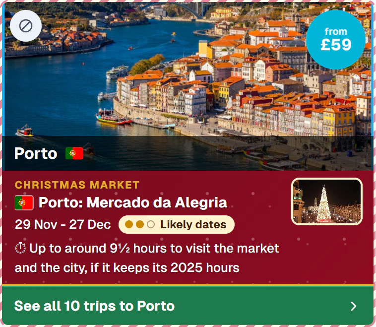 Porto Christmas Market from Dublin, from £59, likely dates