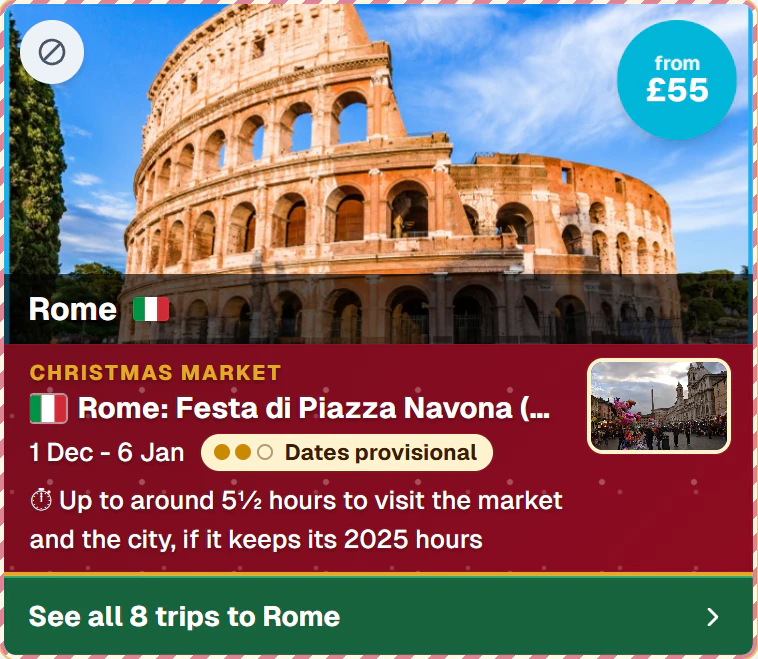 Rome's Piazza Navona Christmas market from Edinburgh, from £55, dates provisional, up to around 5½ hours