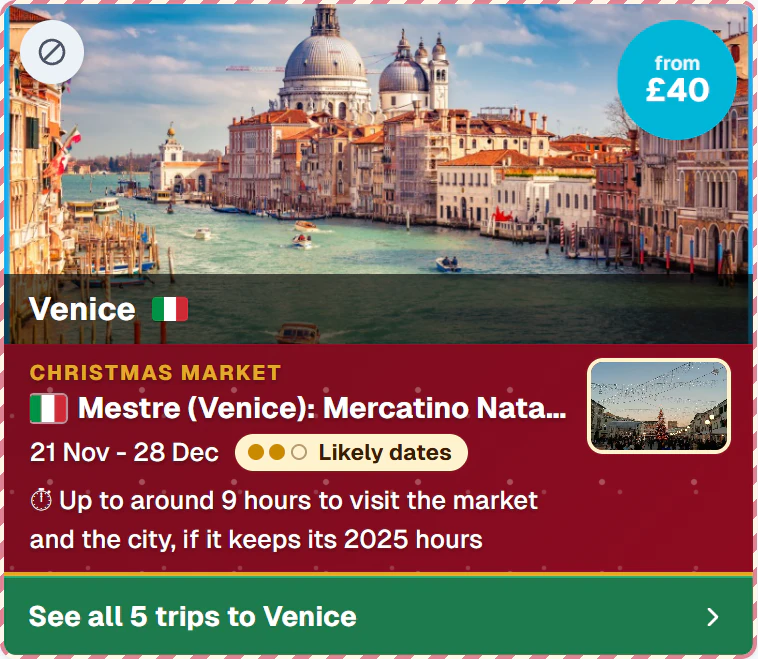 The Christmas market in Mestre (Venice) from Dublin, from £40, likely dates, up to around 9 hours