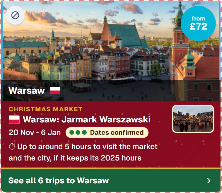 Warsaw's Christmas Market from Leeds Bradford, from £72, dates confirmed, up to around 5 hours