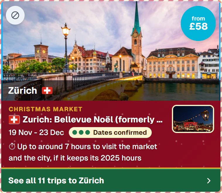 Zürich's Bellevue Noël from London Luton, from £58, dates confirmed, up to around 7 hours