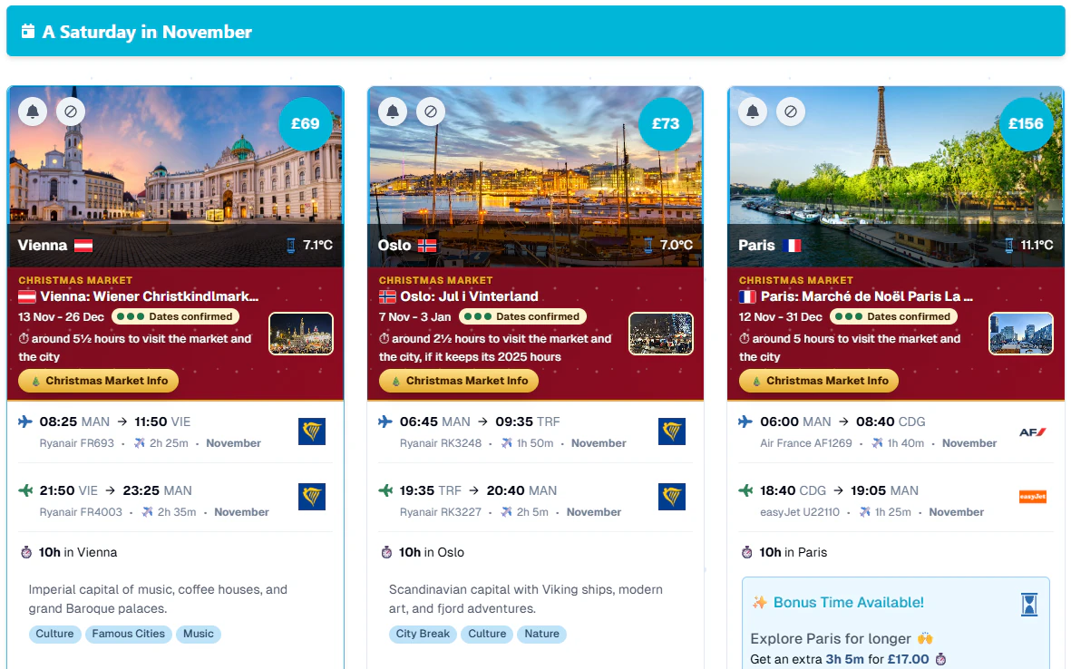 Christmas Market Extreme Day Trips from Manchester on a Saturday in November: Vienna £69, Oslo £73 and Paris